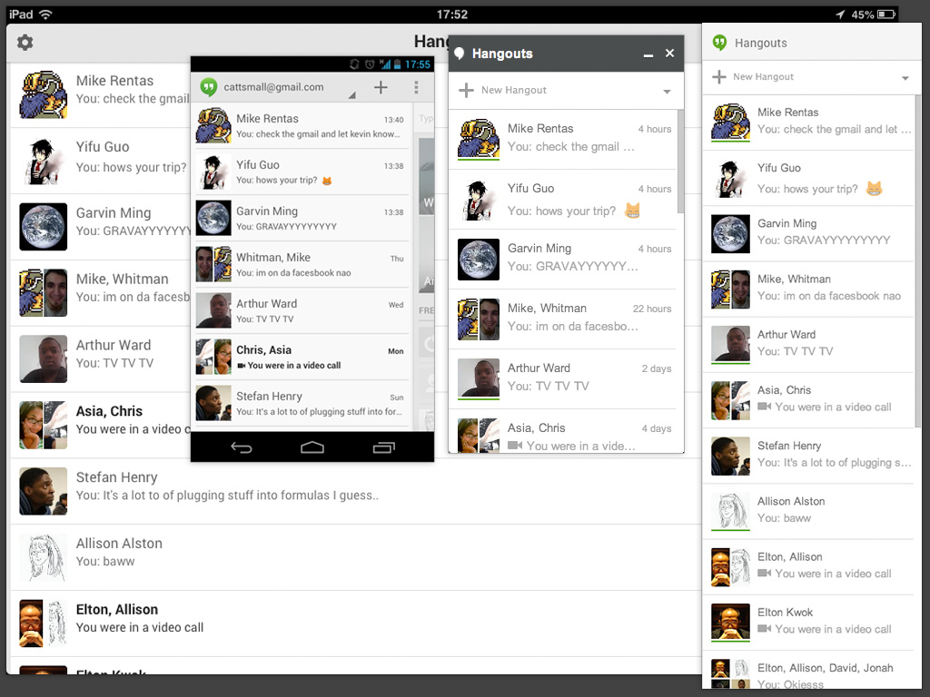 The hangouts app shows who's online on the web and chrome apps, but not on the iPad or Android ones.